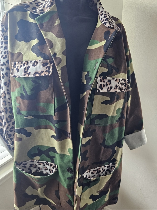 Jackets & Blazers - Camo Jacket with Leopard Trim - Green/Brown